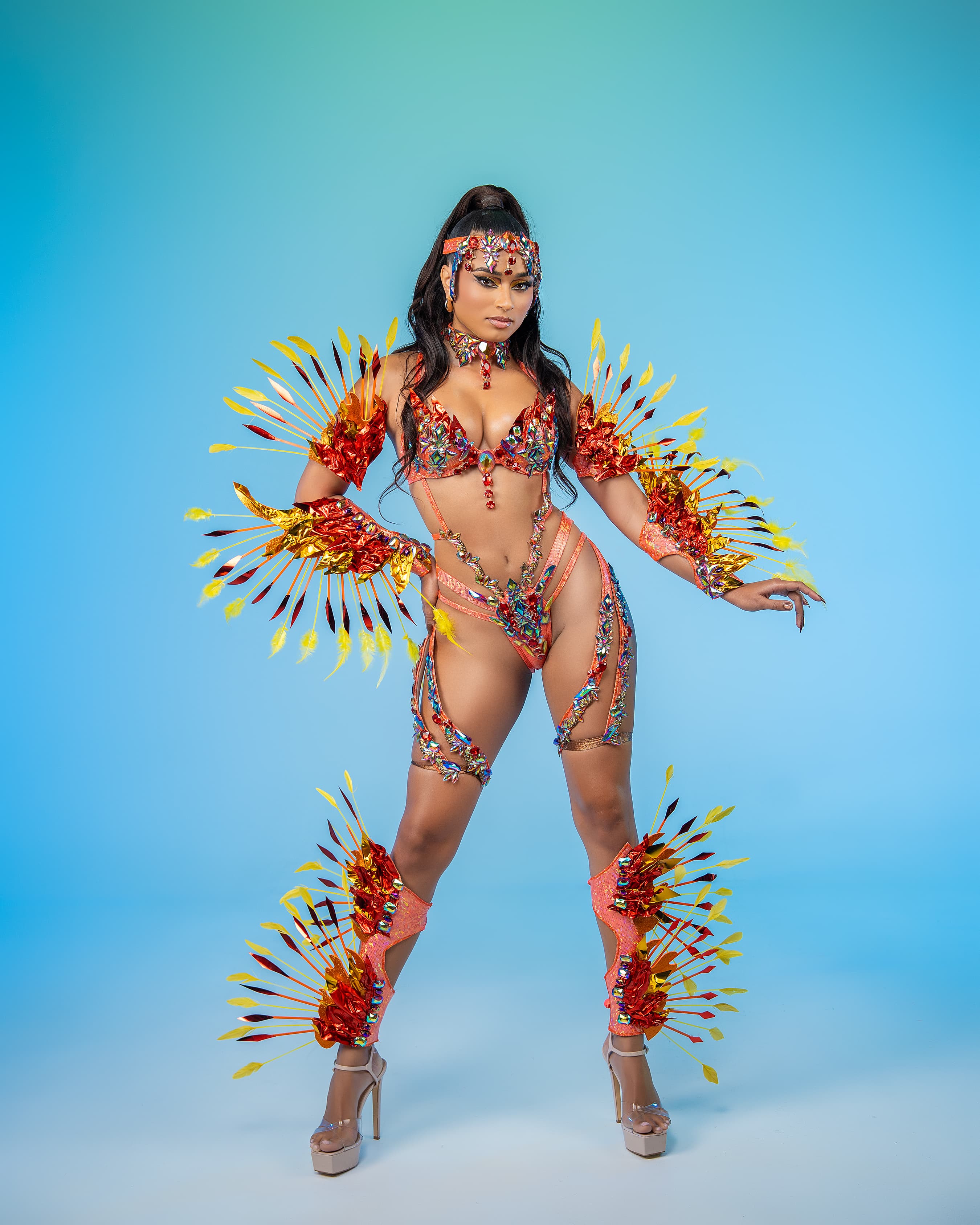 GLORY costume — frontline pose with feathered shoulders